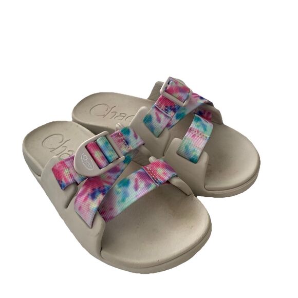 Chaco Chillos Sport Sandals Kid's 1 Tie Dye Tan Pink Teal Slip On Slides - Picture 1 of 7